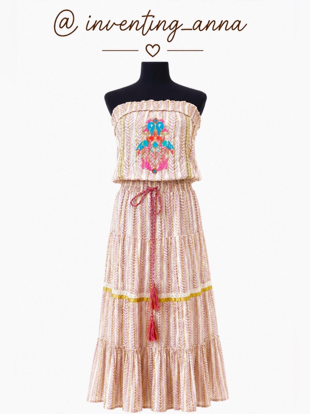 Creams, Pinks, and Golds - Embroidered Lace, Metallic Design Tube Top Maxi Dress